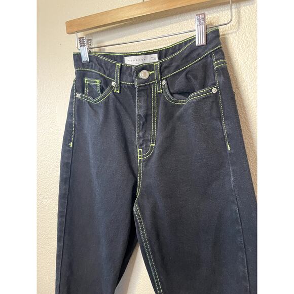 Topshop Mom Black W/ Bright Green Threading High Waisted Straight Leg Jean Sz 25 - Picture 2 of 11
